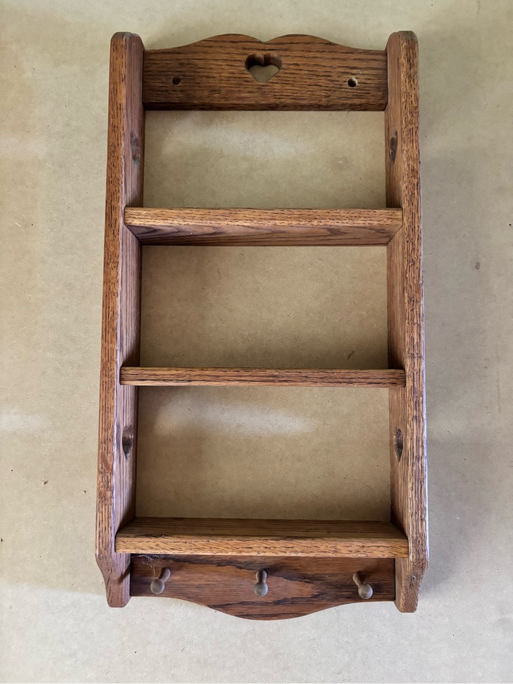 Hand Crafted Brown Wooden Wall Shelf with Heart Accent